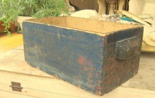 Fabulous Antique Primitive 2 Handle Box Wonderful Old Blue Paint Aafa Nr