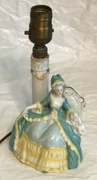 Antique German Decorative Figural Lamp Baroque Lady In Blue?yellow Hoop Skirt