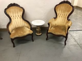 Set Of Two Antique Vtg Parlor Chairs Victorian Tufted Gold Yellow Velvet Chairs