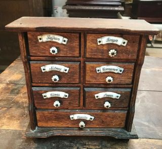 Antique Oak Spice Cabinet 7 Drawer Porcelain Pull Wooden Kitchen Storage