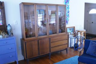 Mid Century China Cabinet Vintage Wood Hutch With Glass Doors Display Shelves