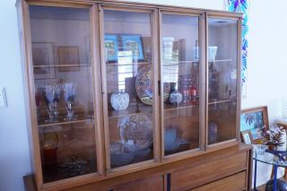 Mid Century China Cabinet Vintage Wood Hutch with Glass Doors Display Shelves 2