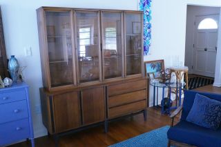 Mid Century China Cabinet Vintage Wood Hutch with Glass Doors Display Shelves 4