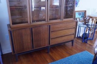 Mid Century China Cabinet Vintage Wood Hutch with Glass Doors Display Shelves 5