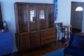 Mid Century China Cabinet Vintage Wood Hutch with Glass Doors Display Shelves 7