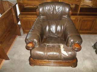 Vintage 1991 German Leather Couch,  Love Seat And Single Chair Solid Oak Frame