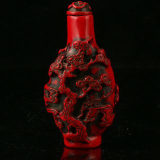 China Exquisite Red Coral Hand Carved Pine Tree & Old Man Snuff Bottle R2014