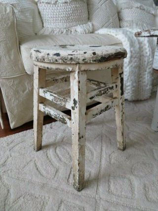 The Best Old Vintage Wood Stool Round Seat Chippy Creamy White Paint