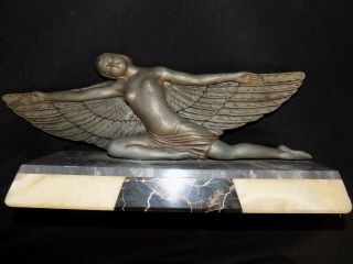 Art Deco Winged Woman On Stone Base,  French Antique Sculpture