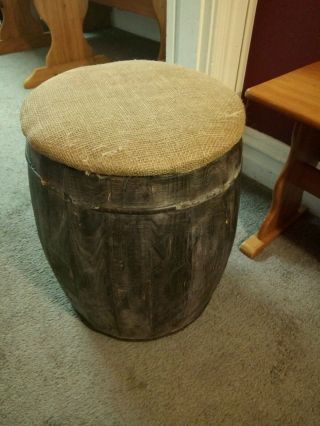 Vintage Wood Barrel Chair Seat W/burlap Cushion Country Prim Decor