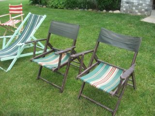 Pair Vtg Antique Folding Wood Deck Patio Lawn Chair Seat Beach Lounge Retro Mcm