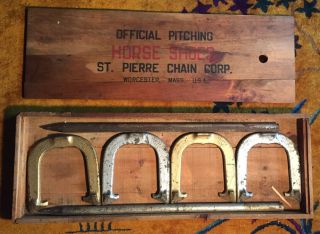 Vintage Official Pitching Horseshoes St Pierre Chain Wood Crate Tj Octigan Set