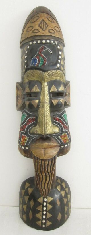 African Tribal Hand Carved Wood Painted Bead Adorned Art Mask Wall Sculpture 26 "