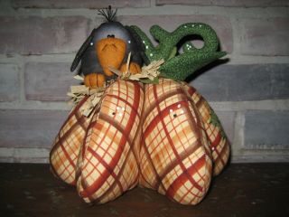 Primitive Hc Fall Harvest Halloween Pumpkin Gourd With Crow Shelf Sitter Ornie
