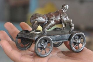Vintage Unique French Dog Eating Food Pull Along Litho Penny Tin Toy,  France