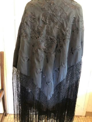Antique Manton Spanish Flamenco Gorgeous Piano Shawl Black Embroidered Fringed