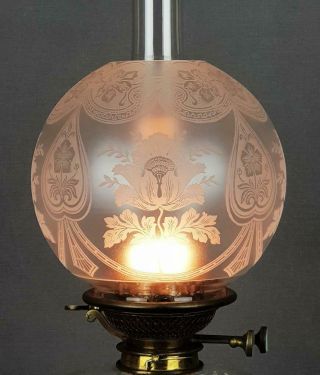 Art Nouveau Victorian Crystal Etched Kerosene Paraffin Oil Lamp Duplex Shade