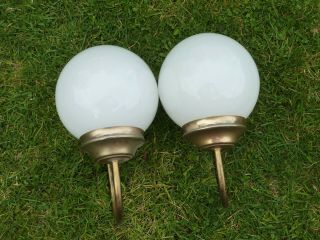 Vintage Pair Brass & Opaque Glass Ball Design Wall Lights Lamps
