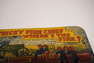 VTG 1930 ' S MARX TRICKY FIRE CHIEF WHERE ' S THE FIRE TIN LITHO BASE 4