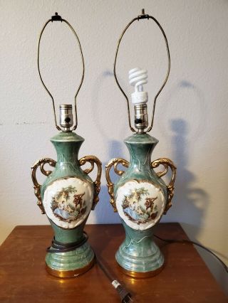 Very Old Vintage Ceramic Table Lamps Green & Gold Hand Painted