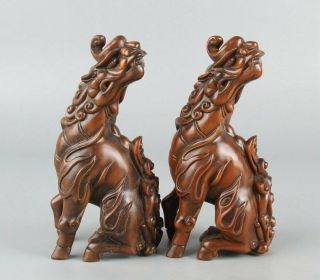 Chinese Exquisite Handmade Mythical Animal Carving Boxwood Statue A Pair