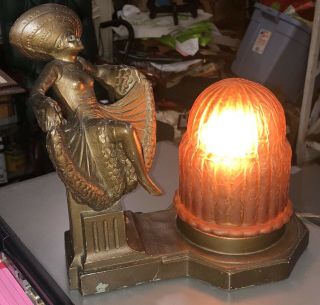 Antique Apt Ny Art Deco Dancing Woman Lamp Crackle Glass Amber Shade