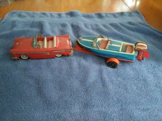 Haji Car Boat And Trailer Tin Toy