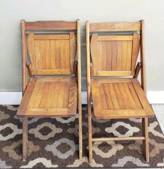 2 Vintage Wooden Folding Chairs Wood Slat Seats Pair Antique