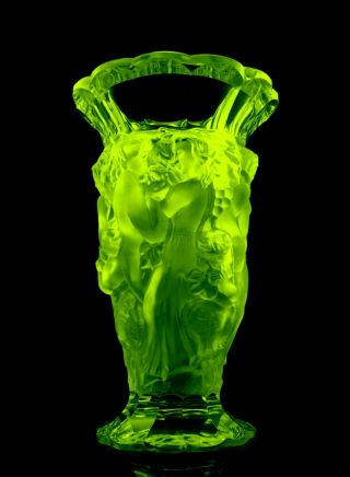 Art Deco Bohemian Vaseline Glass Vase Women Nude H.  Hoffmann