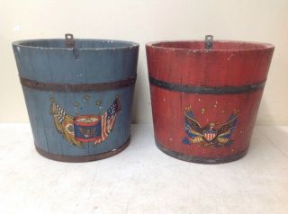 Antique Primitive Wooden Sap Buckets W/ Eagle Drums Cannon - Painted Red & Blue