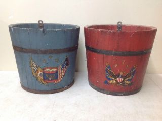 Antique Primitive Wooden Sap Buckets w/ Eagle Drums Cannon - Painted Red & Blue 2