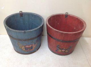 Antique Primitive Wooden Sap Buckets w/ Eagle Drums Cannon - Painted Red & Blue 3