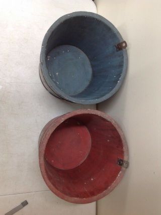 Antique Primitive Wooden Sap Buckets w/ Eagle Drums Cannon - Painted Red & Blue 4