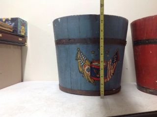 Antique Primitive Wooden Sap Buckets w/ Eagle Drums Cannon - Painted Red & Blue 5