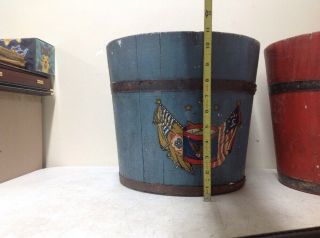 Antique Primitive Wooden Sap Buckets w/ Eagle Drums Cannon - Painted Red & Blue 6