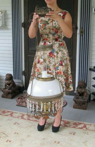 Antique Ornate Brass Jeweled Victorian Hanging Oil Lamp Converted To Electric