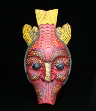 320mm Handmade Carving Statue Painting Colored Drawing Wood Mask Fish Deco Art