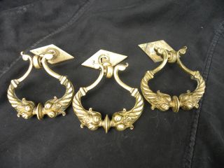 Three Antique French Chest Drawer Pull Bronze Handles Sign.  Cp Castle Archite