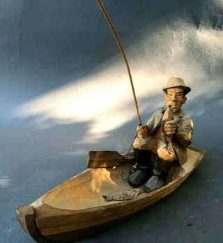 Vintage Finland Carved Wood Signed J.  Koskela Fisherman In Boat