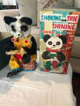 1950’s Smoking And Shoe Shining Panda Bear Toy By Alps.  Made In Japan.