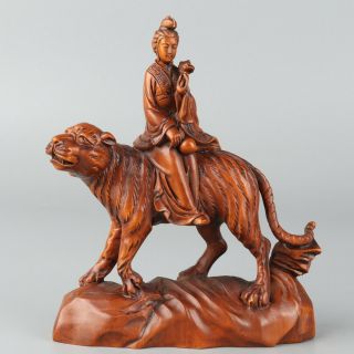 Chinese Exquisite Handmade Figure Tiger Carving Boxwood Statue