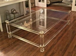 70s Charles Hollis Jones Hollywood Regency Lucite & Glass Rectangle Coffee Table