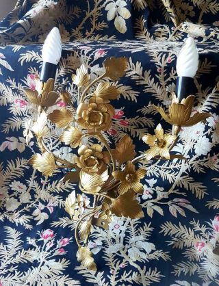 Pretty Vintage French Gilt Tole Floral & Foliage Wall Light Candle Sconce