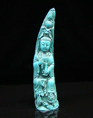 Chinese Turquoise Handmade Carved Statue Kwan - Yin Lotus Exquisite