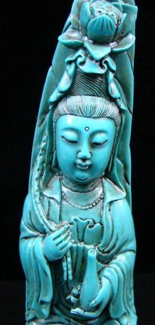 Chinese Turquoise Handmade Carved Statue Kwan - yin Lotus Exquisite 2