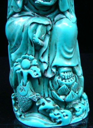 Chinese Turquoise Handmade Carved Statue Kwan - yin Lotus Exquisite 3