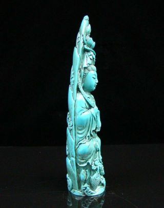 Chinese Turquoise Handmade Carved Statue Kwan - yin Lotus Exquisite 4