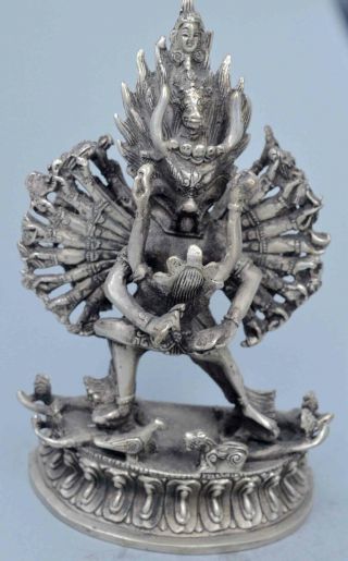 Collectable Miao Silver Carve Dragon King Thousand Hand Buddha Hug Belle Statue