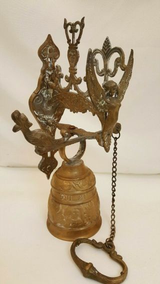 Vintage Brass Monastery Bell Angel Dragon 12.  5 " Oui Me Tangit Vocem Meam Audit
