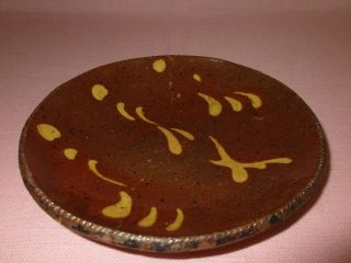 Antique 19th C Redware Stoneware Slip Decorated Small Pennsylvania Dish Plate 8